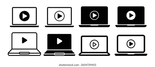 Computer symbol vector. Laptop display symbol. Collection of video player, media player icon vector isolated on white background