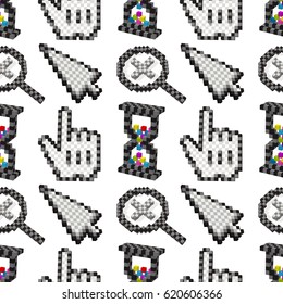 Computer symbols.Seamless pattern.Time,pointer,zoom,hand icons.Pixel art,cubes,digital style.White background.Vector