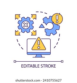 Icono de concepto de descomposición del sistema informático. Fallo de funcionamiento del software. Error del programa. Señal de advertencia ilustración de la idea abstracta de la línea delgada. Dibujo de contorno aislado. Trazo editable. Tipo de letra arial utilizado