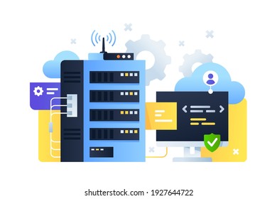 Computer system with cloud servers sending signal and code programming on computer digital and online technology Concept using modern connected pc technology with wireless upgrade. Vector illustration.