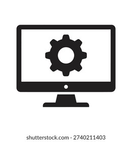 Computer system configuration setting displaying desktop monitor with gear icon representing software maintenance technical support dashboard