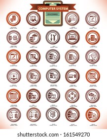 Computer system & Database center,Vintage icon set,vector