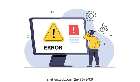 Sistema de computador exibindo uma mensagem de erro crítica com uma pessoa intrigada contemplando o problema e os gráficos abstratos ao redor