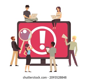 Computer system error and software failure concept with people near PC screen. Computer virus or system warning, flat vector illustration isolated on white background.