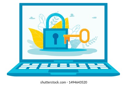 Computer System Password Conceptual Illustration. Cartoon Laptop with Closed Padlock and Key. Data Encryption, Information Protection Metaphor. Reliable Hacker Proof, Anti Virus Software Symbol