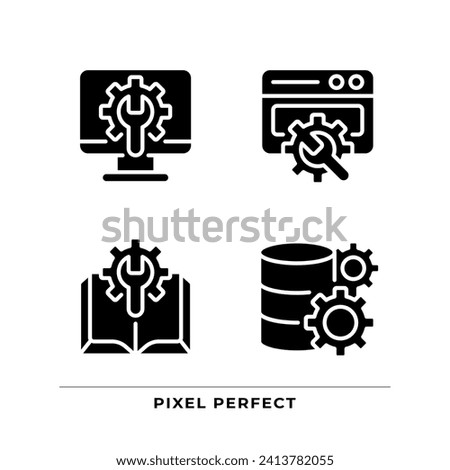 Computer system settings black glyph icons set on white space. Technical manual. Data storage configuration. Website changes. Silhouette symbols. Solid pictogram pack. Vector isolated illustration