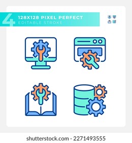 Computer system settings pixel perfect RGB color icons set. Manual. Data storage configuration. Website changes. Isolated vector illustrations. Simple filled line drawings collection. Editable stroke