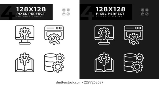 Computer system settings pixel perfect linear icons set for dark, light mode. Manual. Data storage configuration. Thin line symbols for night, day theme. Isolated illustrations. Editable stroke