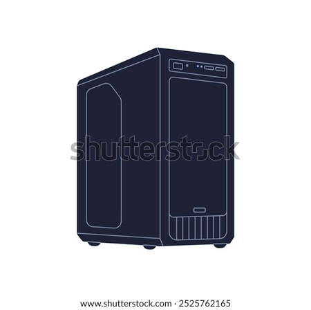 Computer system unit, desktop tower case, PC hardware icon. Modern tech equipment, device. Server, workstation, technology. Flat graphic vector illustration isolated on white background