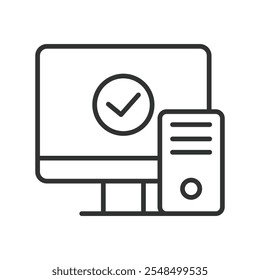 Unidade de sistema de computador concluída, ícone no design de linha. Computador, sistema, unidade, hardware, processador, alimentação, desktop no vetor de fundo branco. Ícone de traçado editável concluído da unidade do sistema de computador