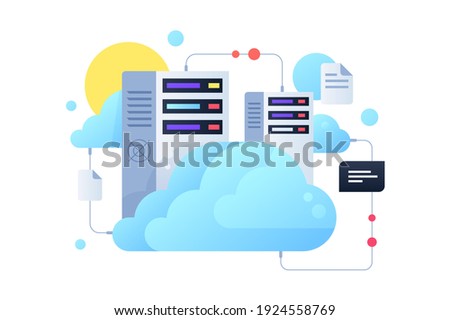 Computer system using for cloud servers with sun. Concept digital documents and message using for modern connected pc technology. Vector illustration.