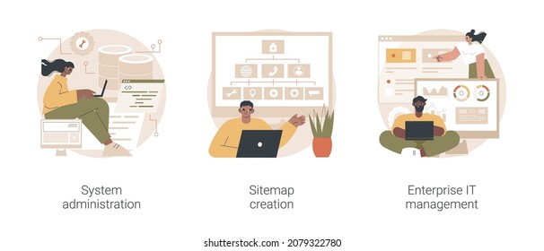 Computer systems abstract concept vector illustration set. System administration, sitemap creation, enterprise IT management, website optimization, IT software solutions abstract metaphor.