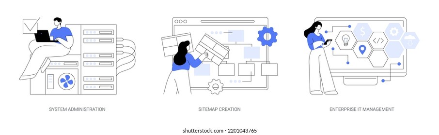 Computer systems abstract concept vector illustration set. System administration, sitemap creation, enterprise IT management, website optimization, IT software solutions abstract metaphor.