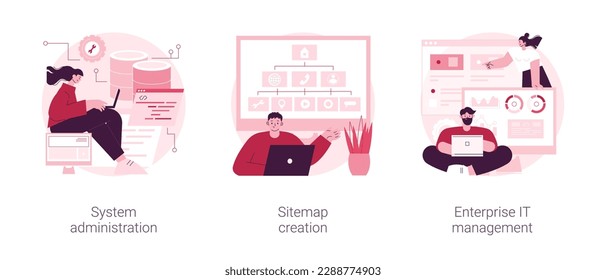 Computer systems abstract concept vector illustration set. System administration, sitemap creation, enterprise IT management, website optimization, IT software solutions abstract metaphor.