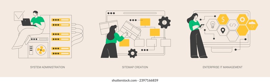 Computer systems abstract concept vector illustration set. System administration, sitemap creation, enterprise IT management, website optimization, IT software solutions abstract metaphor.