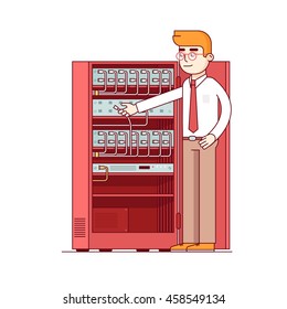 Computer systems engineer connecting internet fiber optic cable to a machine in server rack. Network admin working with equipment. Flat style thin line vector illustration isolated on white background
