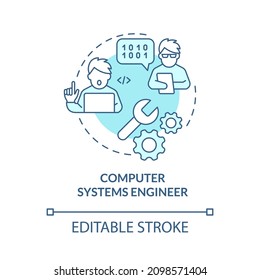 Computer systems engineer turquoise concept icon. Development position abstract idea thin line illustration. Isolated outline drawing. Editable stroke. Roboto-Medium, Myriad Pro-Bold fonts used