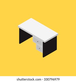 Computer table with 3D style on yellow background, vector illustration
