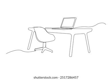 Mesa de ordenador con silla de línea continua de dibujo de arte. Ilustraciones vectoriales.