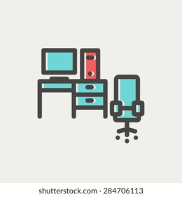 Computer with table and chair icon thin line for web and mobile, modern minimalistic flat design. Vector icon with dark grey outline and offset colour on light grey background.