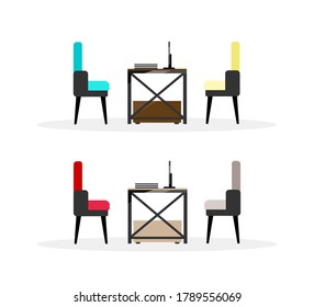 Computer table with chairs flat color vector objects set. Table with screen and armchairs side view. Office furnishing isolated cartoon illustration for web graphic design and animation collection