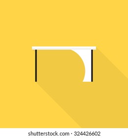 Computer table with flat design and long shadow on yellow background, vector illustration