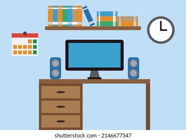 Computer table in an office with books and calendar.