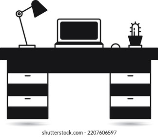 Computer table with office workplace isolated vector Silhouettes