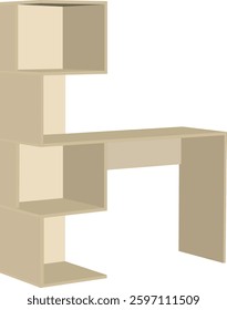 Computer table vector illustration. A white desk with a shelf on the side. The shelf is divided into three sections. The desk is rectangular in shape