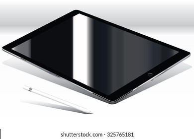 Computer Tablet , Black Shiny Screen With Stylus On White Background