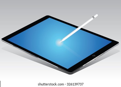 Computer Tablet , Blue Screen With Stylus On White Background
