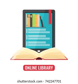 Computer tablet with book reader mobile application and open book. Online library, e-books,  digital book store, e-reading, online learning concept. Vector illustration. 