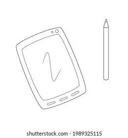 Computer tablet with camera buttons and stylus.Contour black and white isolated illustration in doodle style on white background.