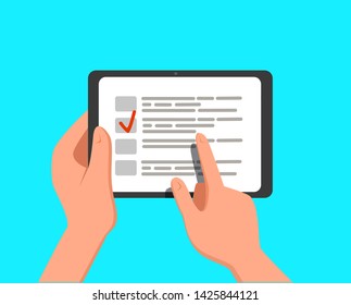 Computer tablet with checklist on screen. Online form survey, tablet with showing long quiz exam paper sheet document, online questionnaire results. Checklist browser window. Online survey concept