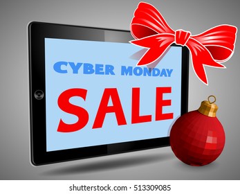 Computer tablet with Cyber monday sale text on screen and ball,bow 