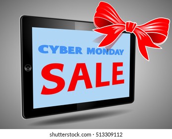 Computer tablet with Cyber monday sale text on screen and bow