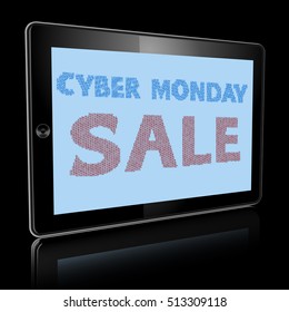 Computer tablet with Cyber monday sale text on screen and reflrction