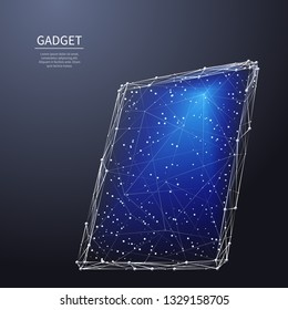 Computer tablet device. Abstract Low-poly wireframe vector technology illustration. PC gadget screen with blue color accent. Digital concept of gadgets and devices themes.