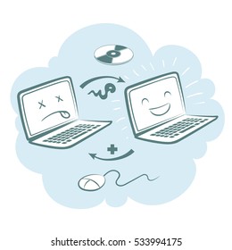 Computer tablet doodle sketch cartoon vector illustration with bug on clouds. eps-8