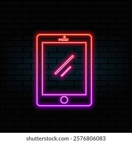 Computer tablet icon. Colorful pink neon icon on dark brick wall background. Lighting. Illustration.