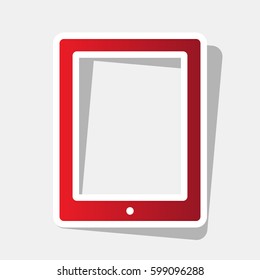 Computer tablet icon. Vector. New year reddish icon with outside stroke and gray shadow on light gray background.