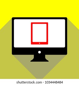 Computer tablet icon. Vector. Red icon on white monitor of black all-in-one desktop computer with two shadows at yellow background.