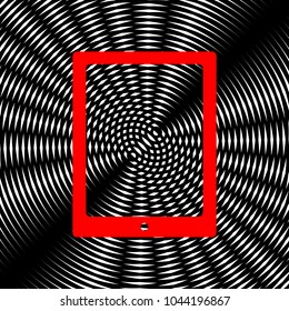 Computer tablet icon. Vector. Red icon on white and black radial interference as background.