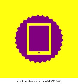Computer tablet icon. Vector. Violet label with hole as icon on yellow background.