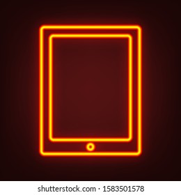 Computer tablet icon. Yellow, orange, red neon icon at dark reddish background. Illumination. Illustration.