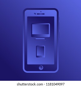 Computer and tablet inside the phone. Concept for design. Vector illustration in purple tones.