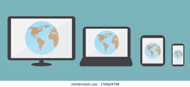 Computer tablet laptop phone screen and earth shape. Life and technology.