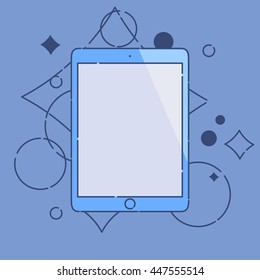 Computer tablet linear icon made in cartoon style on blue background. PC mock up. Perfect for application demo. Vector illustration.