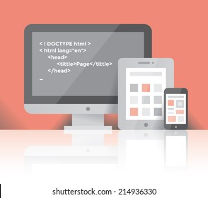 Computer, tablet and mobile phone and HTML source code application screen. Cross platform programming development, Javascript, Python, PHP, C++, Perl, Swift, Go languages, operating systems concepts