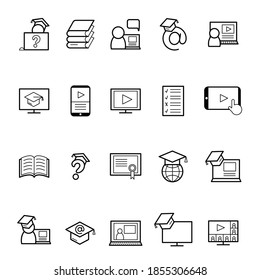 computer, tablet, mobile website design . Vector line black icon set for . Concept online education, remote learning, training, video lesson, homework, webinar, audio course and book library. 